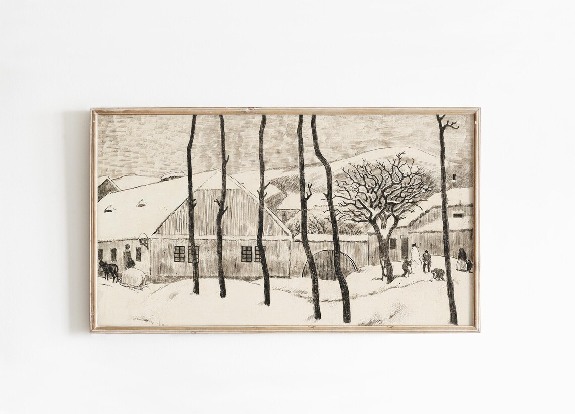 Vintage Sepia Winter Village Snowy Barn Horse Sleigh Drawing Poster