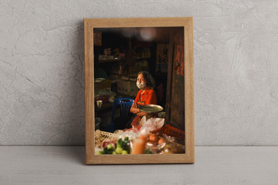 Market Vendor Portrait Woman with Face Mask Street Photo Poster