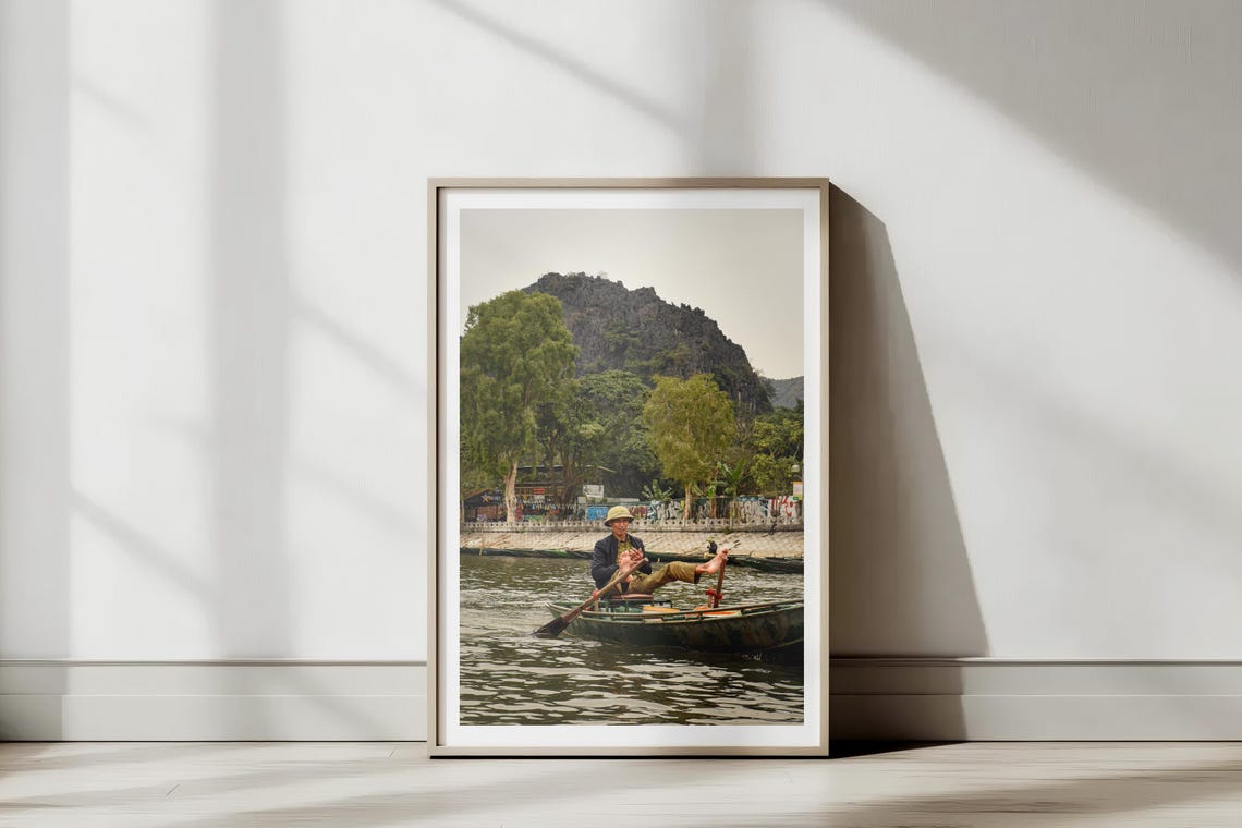 Vietnamese Foot Rowing Boatman Karst Mountain River Photo Poster