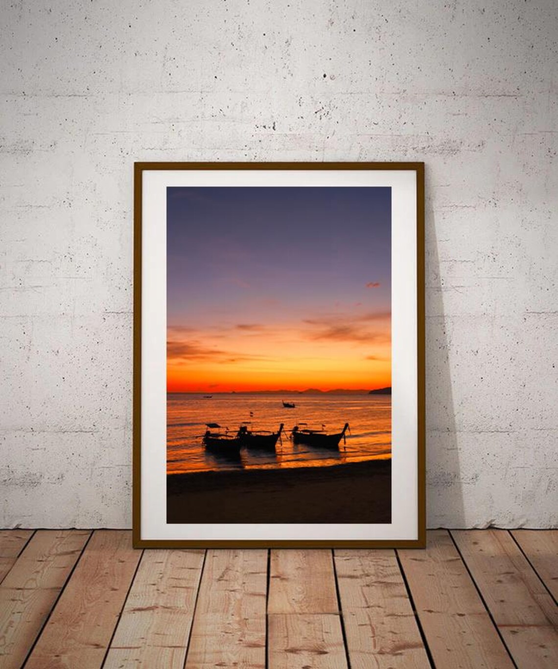 Krabi Sunset Longtail Boats Silhouette Ocean Photography Poster