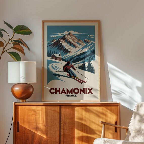 Chamonix France Alpine Skier Mountain Vintage Ski Travel Poster