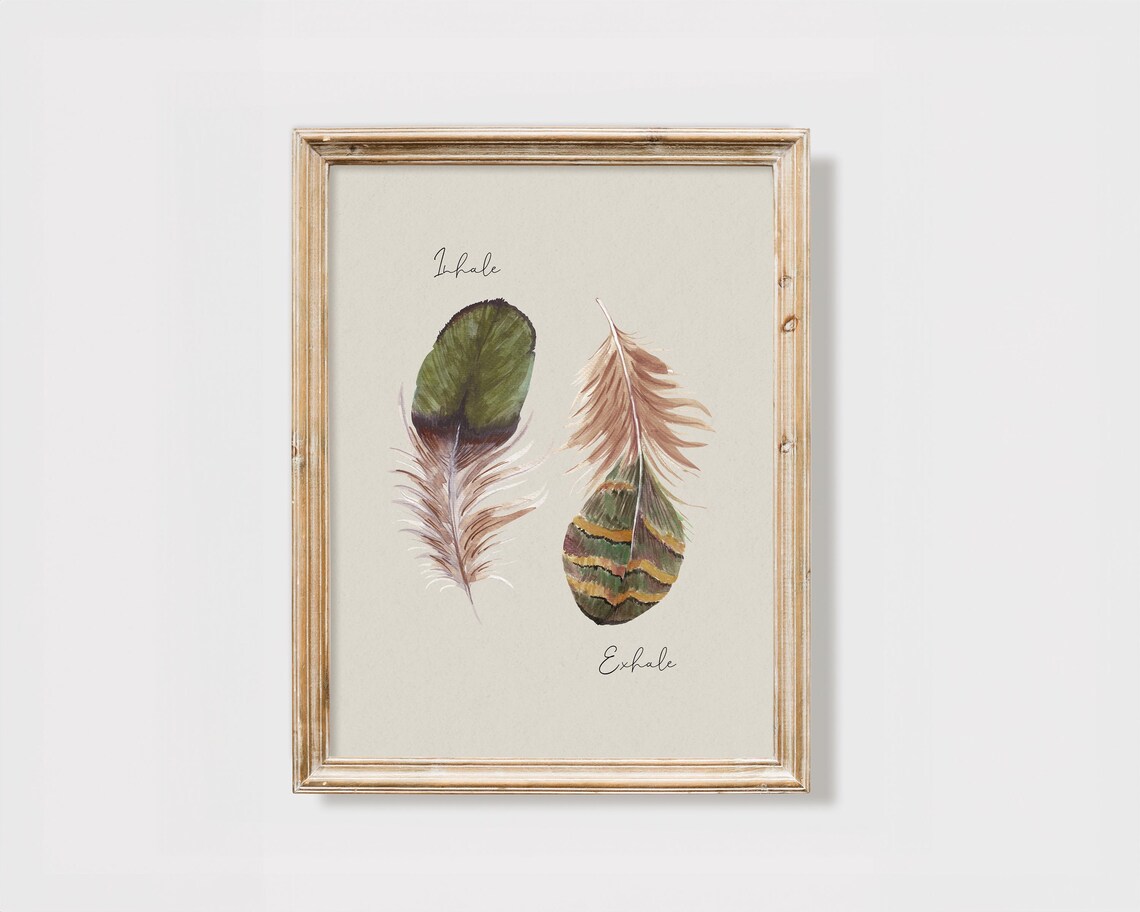 Inhale Exhale Watercolor Feather Breathing Mindfulness Meditation Poster