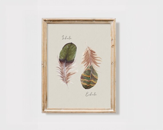 Inhale Exhale Watercolor Feather Breathing Mindfulness Meditation Poster