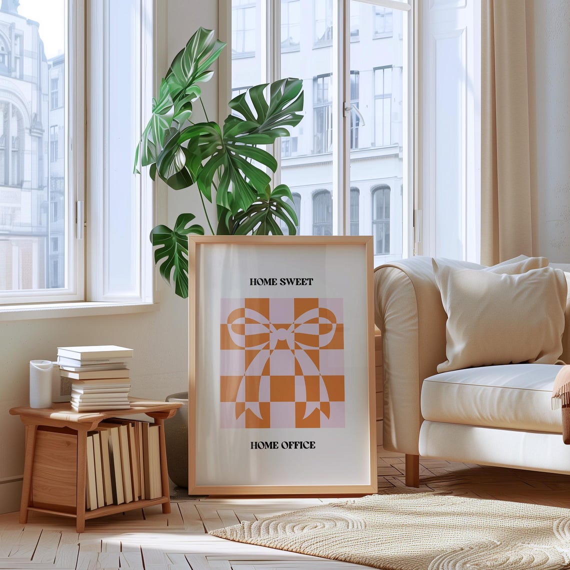 Home Sweet Home Office Orange Checkered Bow Typography Poster