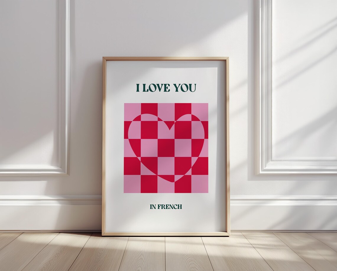 I Love You in French Checkered Heart Playful Typography Poster