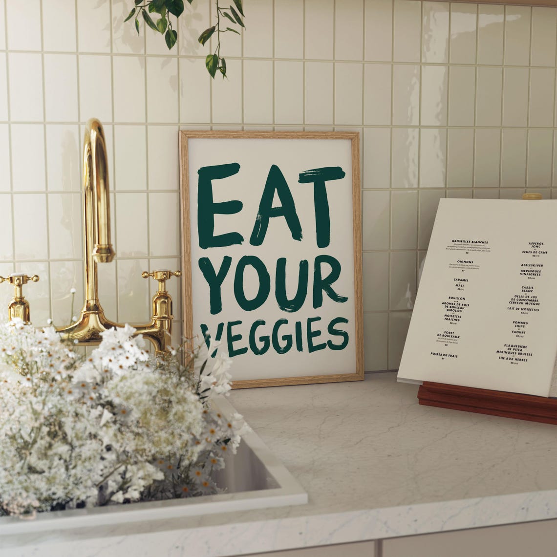Eat Your Veggies Bold Green Brush Lettering Kitchen Art Poster