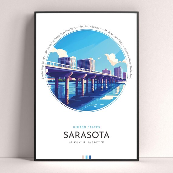 Sarasota Florida Waterfront Bridge and City Skyline Travel Poster