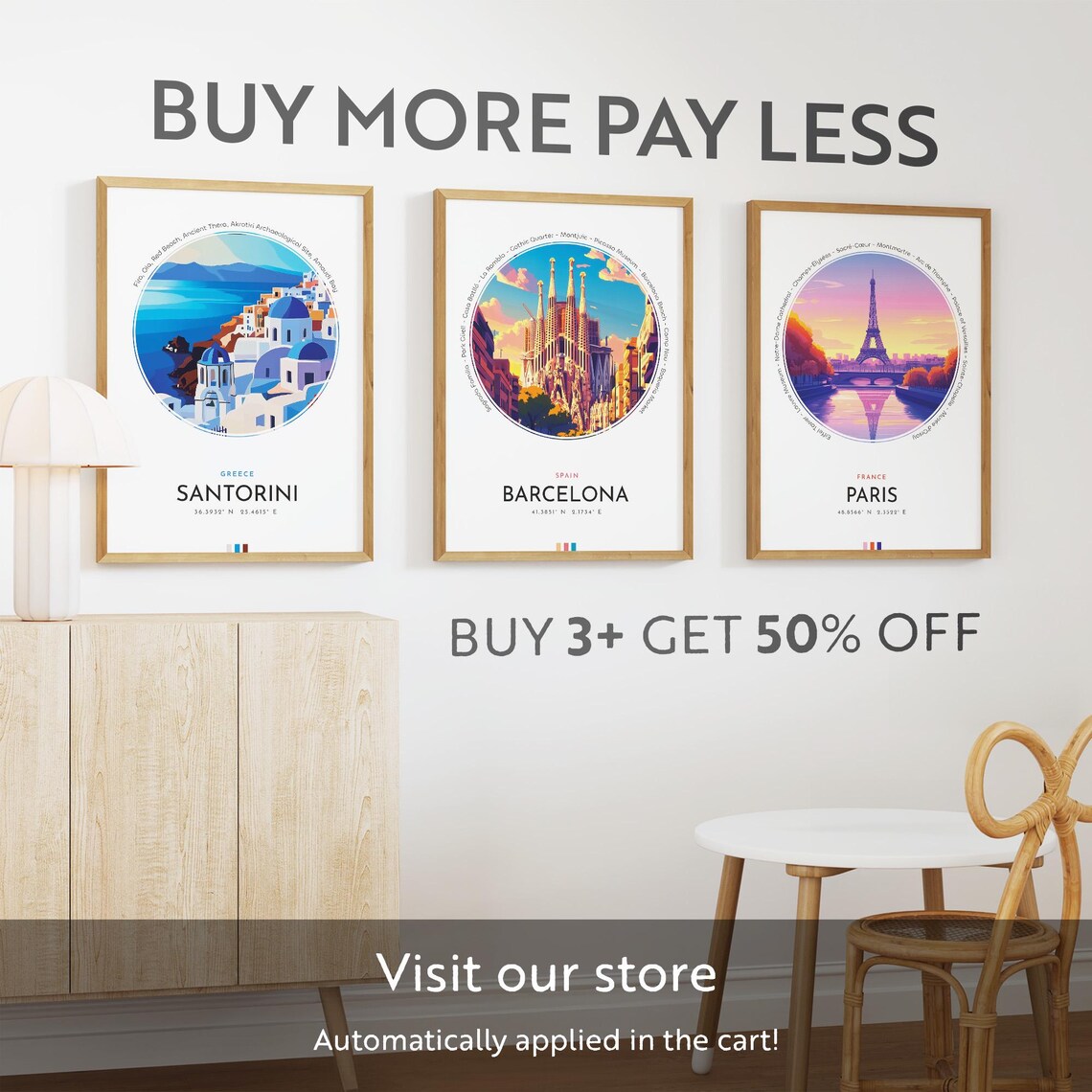 Santorini Greece Blue Domes and Caldera Village Travel Poster - Image 3