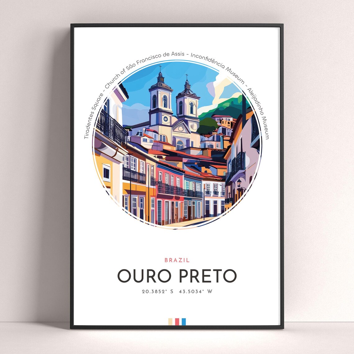 Ouro Preto Brazil Colonial Street Church Towers Vintage Travel Poster