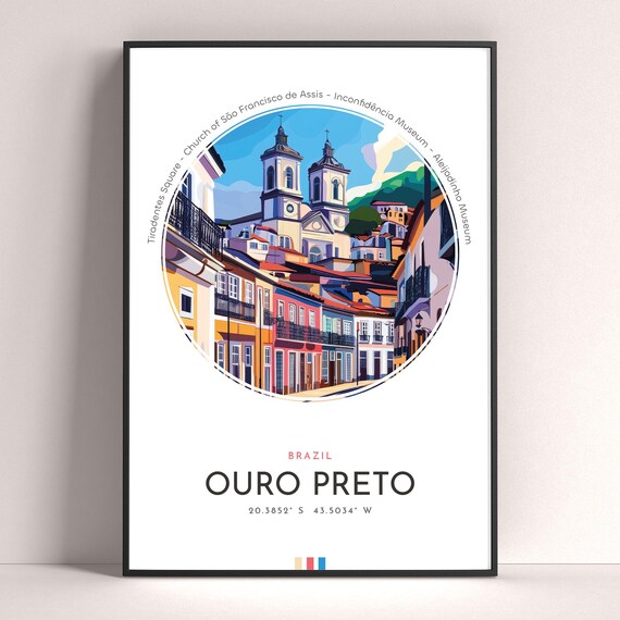 Ouro Preto Brazil Colonial Street Church Towers Vintage Travel Poster