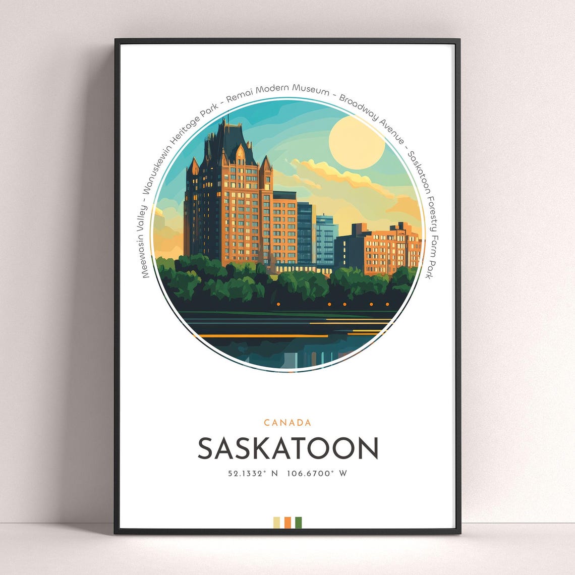 Saskatoon Canada Riverside Landmark Hotel Sunset Travel Poster