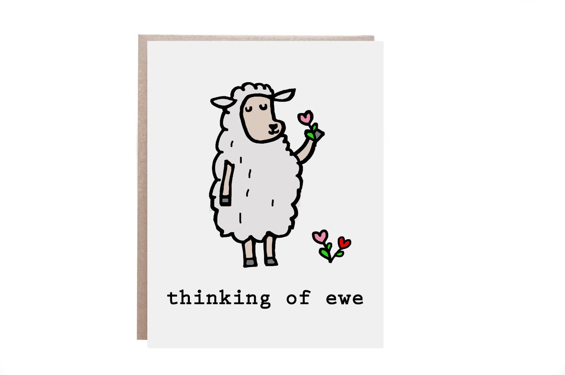 Thinking of Ewe Cute Sheep Flower Pun Friendship Card Poster