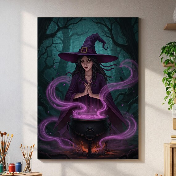 Witch Cauldron Wall Art Enchanted Forest Sorceress Print Spooky Magic Potion Poster Gothic Purple Decor Halloween Fantasy