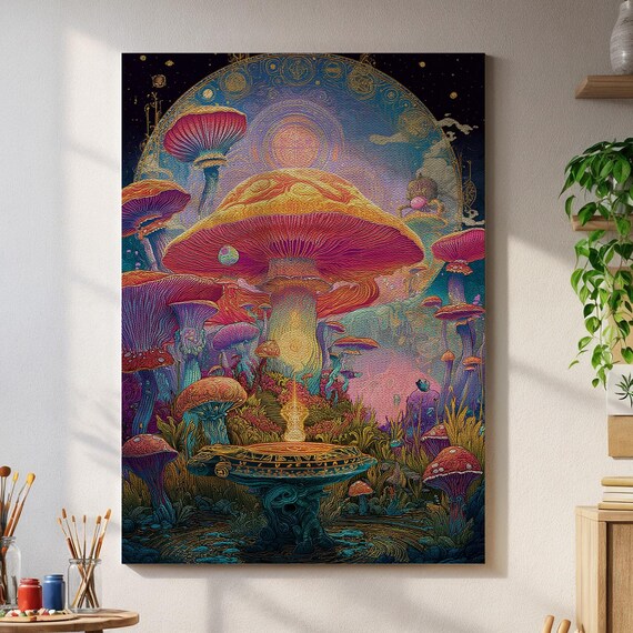 Fantasy Mushroom Forest Wall Art Psychedelic Wonderland Poster With Magic Fungi Cosmic Fountain For Boho Or Mystical Interiors