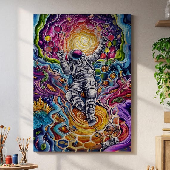Psychedelic Astronaut Wall Art Trippy Space Poster With Vivid Colors Cosmic Honeycomb Vortex For Scifi Visionary Interiors