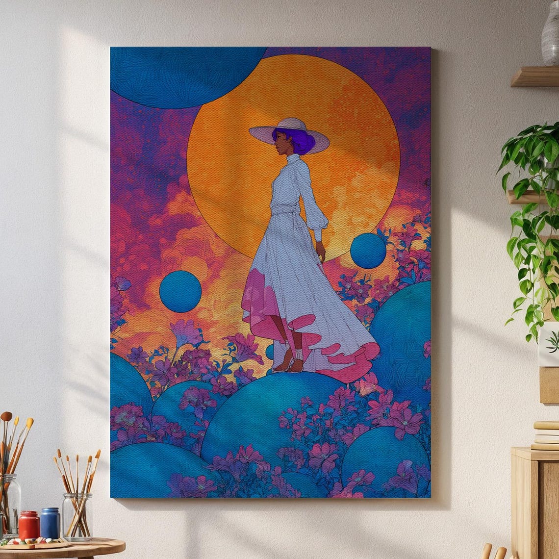Mystical Woman In Sunset Garden Surreal Feminine Art Print With Giant Sun And Floral Fantasy Landscape Dreamy Vivid Colors