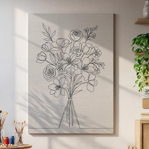 Minimalist Floral Line Art Bouquet Roses Black on Beige Canvas Poster