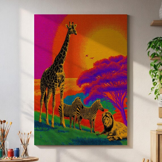 Safari Wildlife Pop Art Print Vibrant Lion Giraffe Zebra Jungle Scene In Sunset Colors Bold African Animal Wall Decor Home