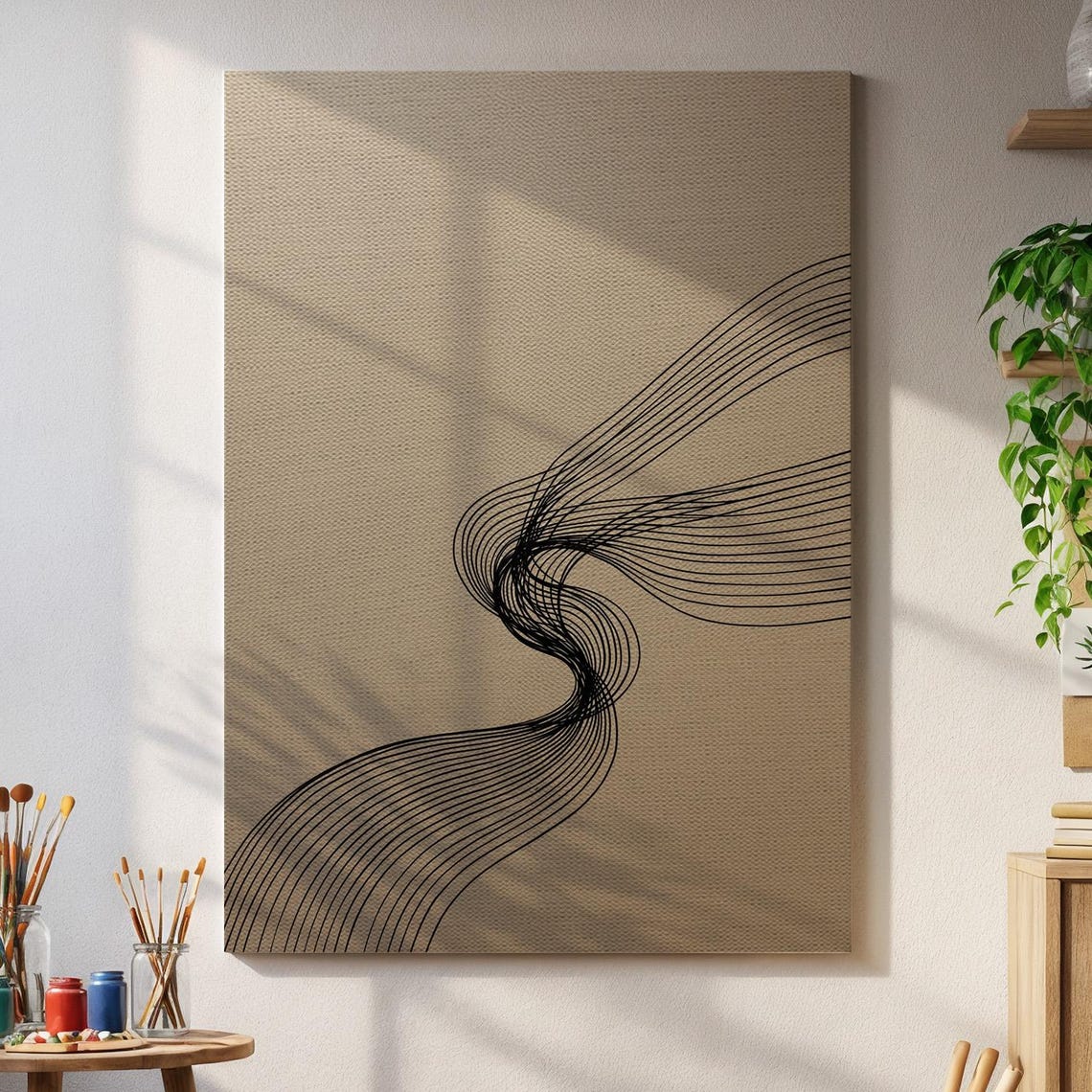 Minimalist Black Line Flow Abstract Waves Beige Canvas Poster