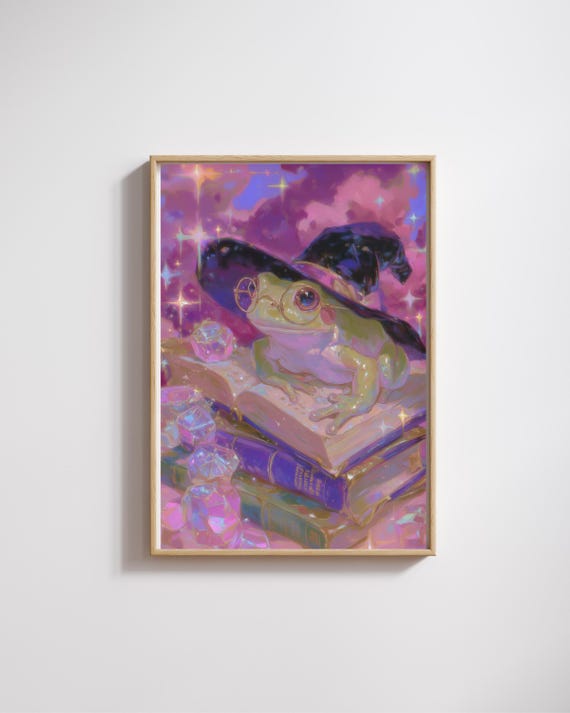 Frog Wizard Spell Books Crystals Pink Magic Cute Fantasy Poster