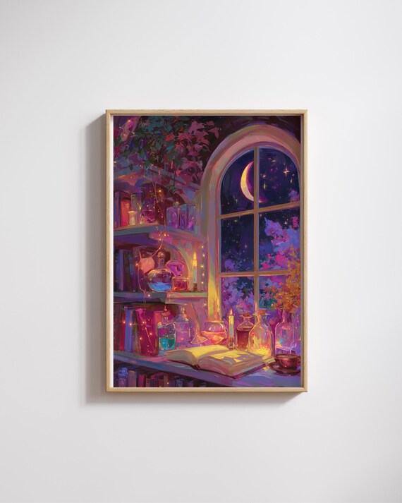 Magical Witch Wall Art Cozy Spell Books And Potion Bottles By Moonlight Enchanted Fantasy Print For Home Decor