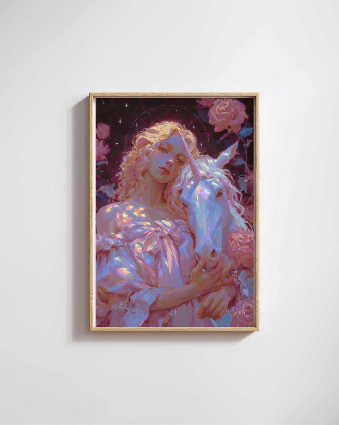 Dreamy Woman With White Unicorn Pink Roses Fantasy Art Poster