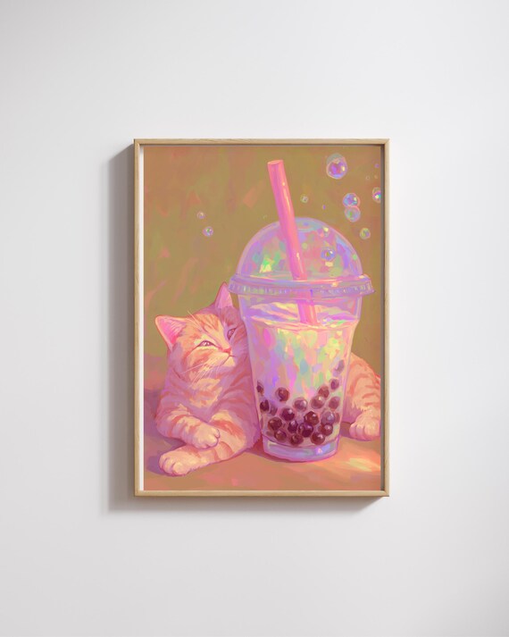 Whimsical Cat Cocktail Art Print Cute Black And White Kitten In Glass With Umbrella Pastel Bar Wall Decor