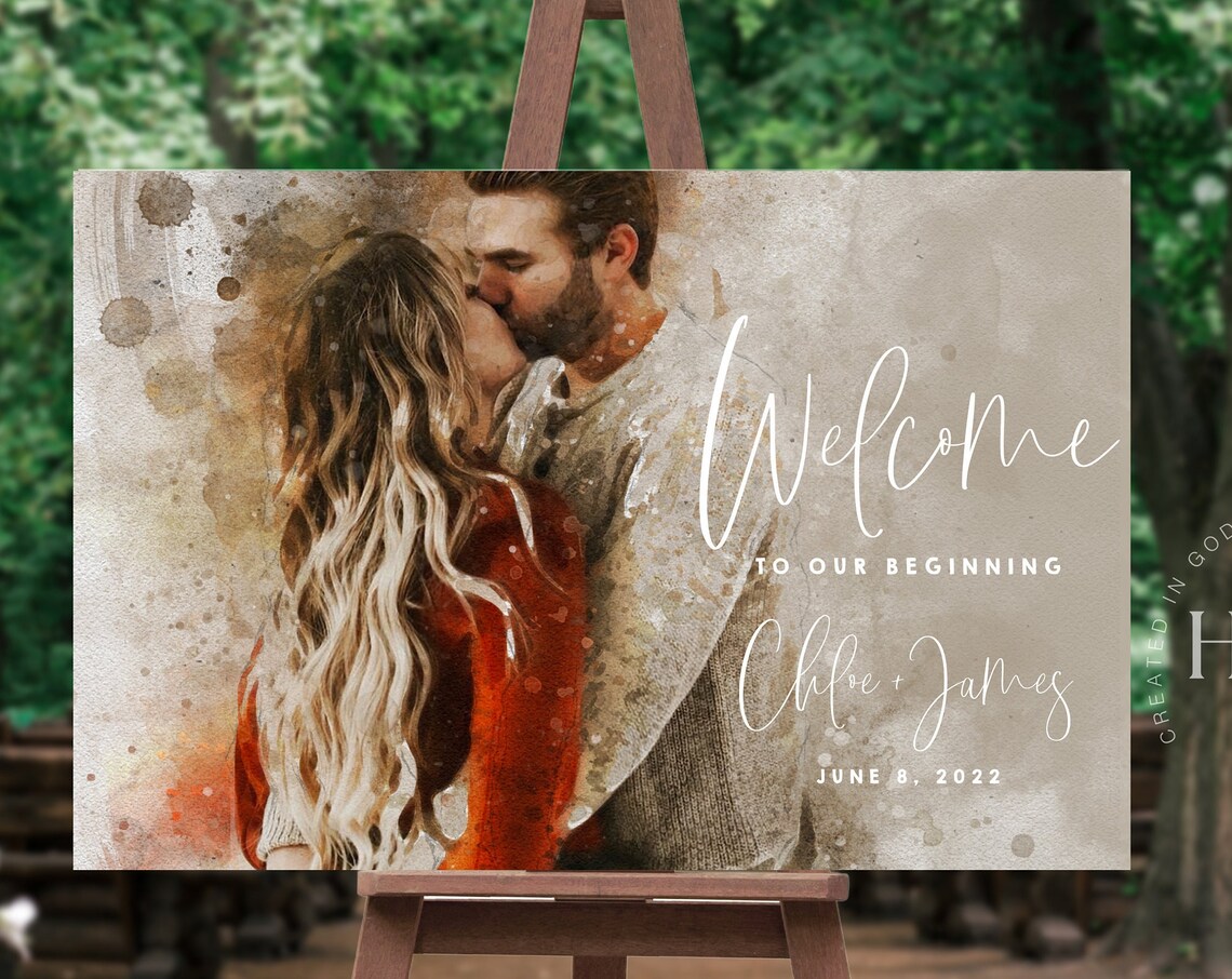 Wedding Welcome Sign, Watercolor Couple Portrait Art Print