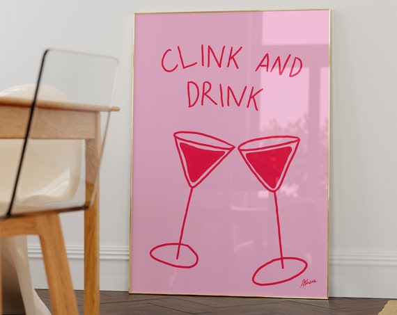 Clink And Drink Pink Red Bar Cart Prints Girly Apartment Decor Fun Kitchen Illustration Art Hand Drawing Cute