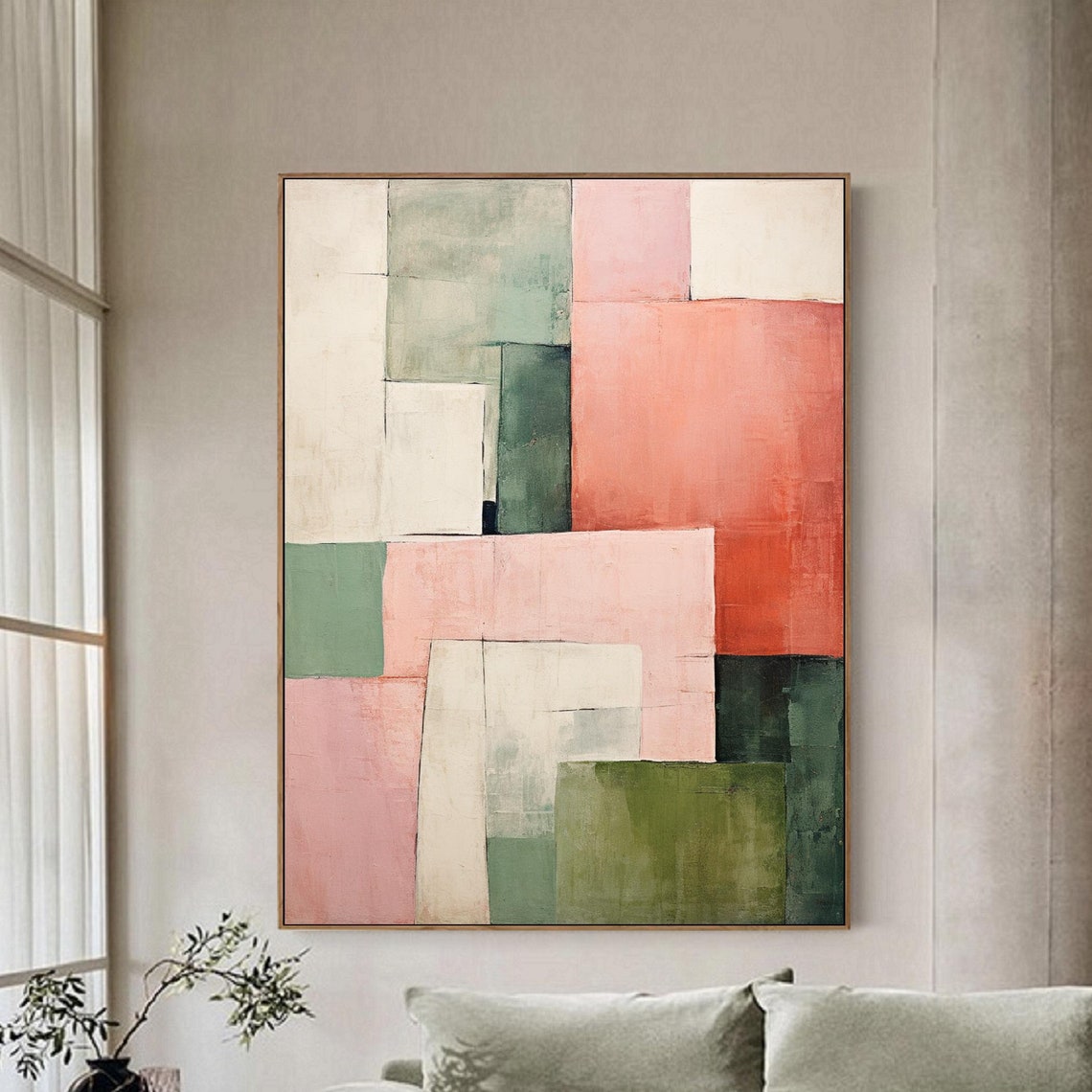 Soft Pink Sage Green and Cream Geometric Blocks Abstract Poster