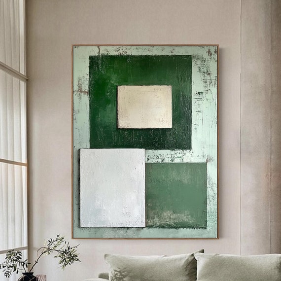Original Green Abstract Painting Minimalist Green Wall Art White Textured Art Large Beige Painting Geometric Abstract Art Wabi Sabi Wall Art