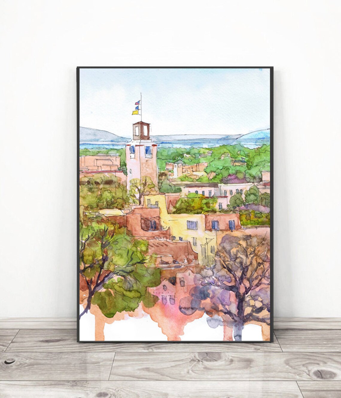 Santa Fe Skyline Watercolor Painting New Mexico Cityscape Art Print