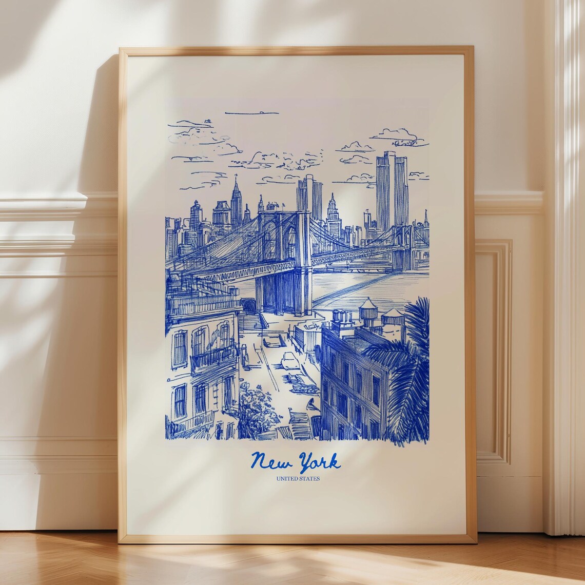 New York City Travel Poster Navy Blue Brooklyn Bridge Sketch Decor