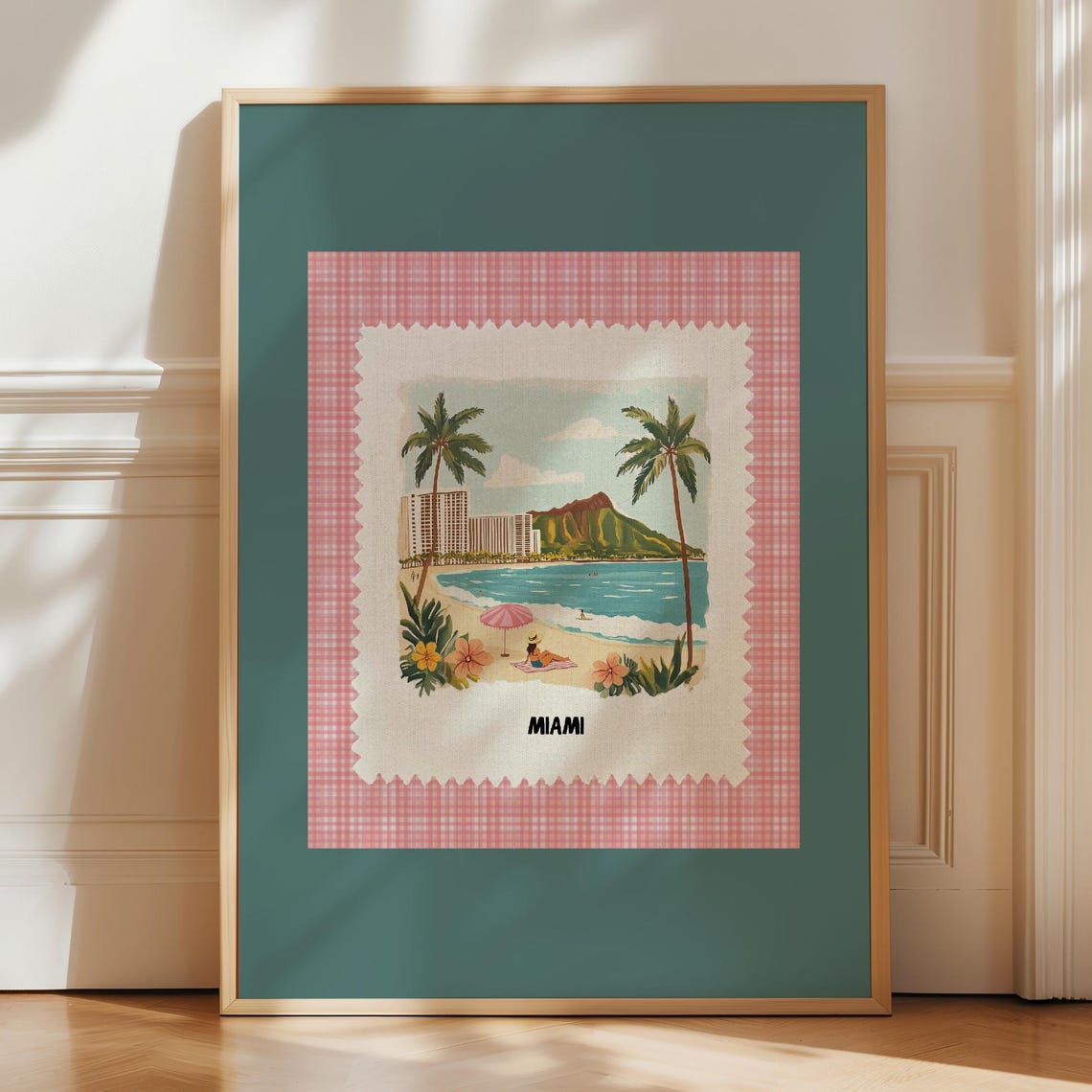 Miami Florida Tropical Beach Palms Stamp Style Retro Framed Poster