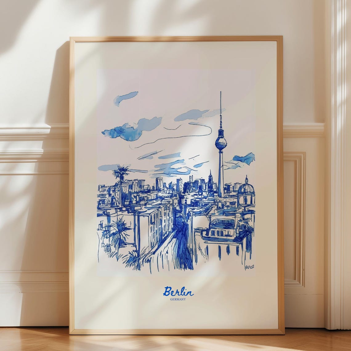 Berlin Germany Travel Poster Navy Blue TV Tower Sketch City Decor