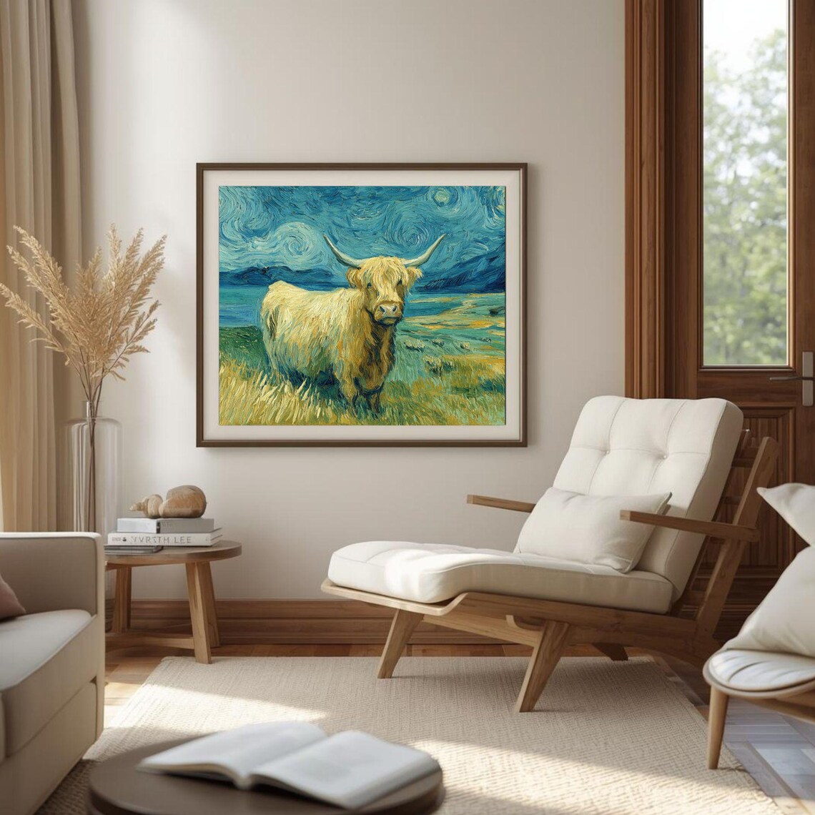 Highland Cow Starry Night Pasture Moon Van Gogh Style Art Poster