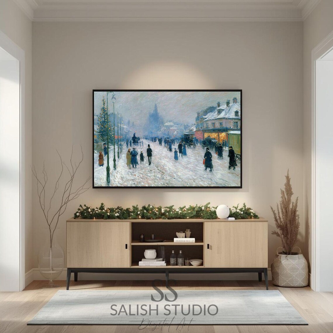 Snowy Cityscape Winter Boulevard Art Vintage Street Scene Poster