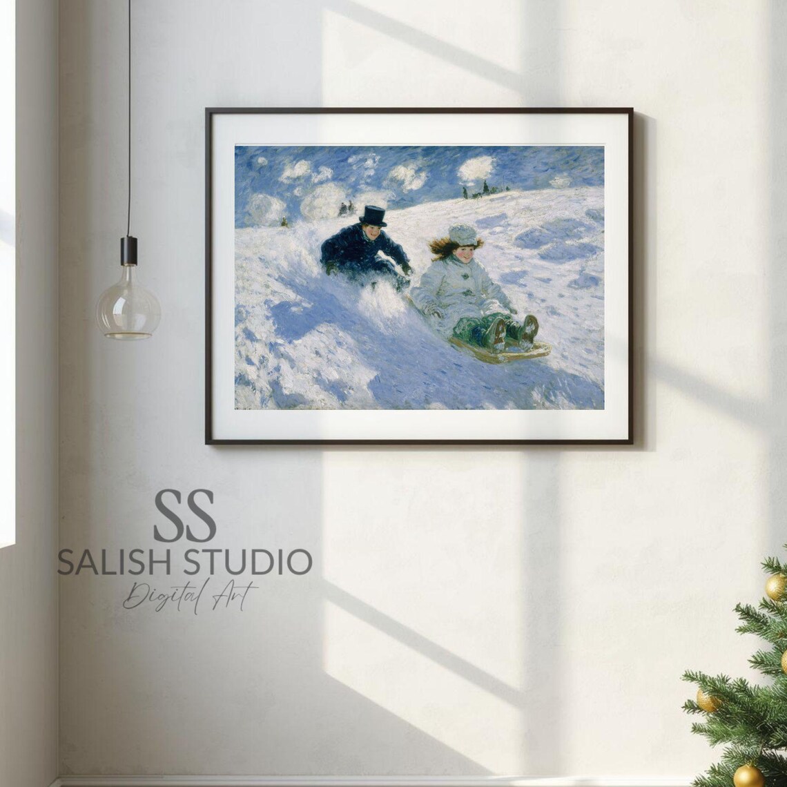 Winter Sledding Vintage Impressionist Scene Snow Hill Fun Poster