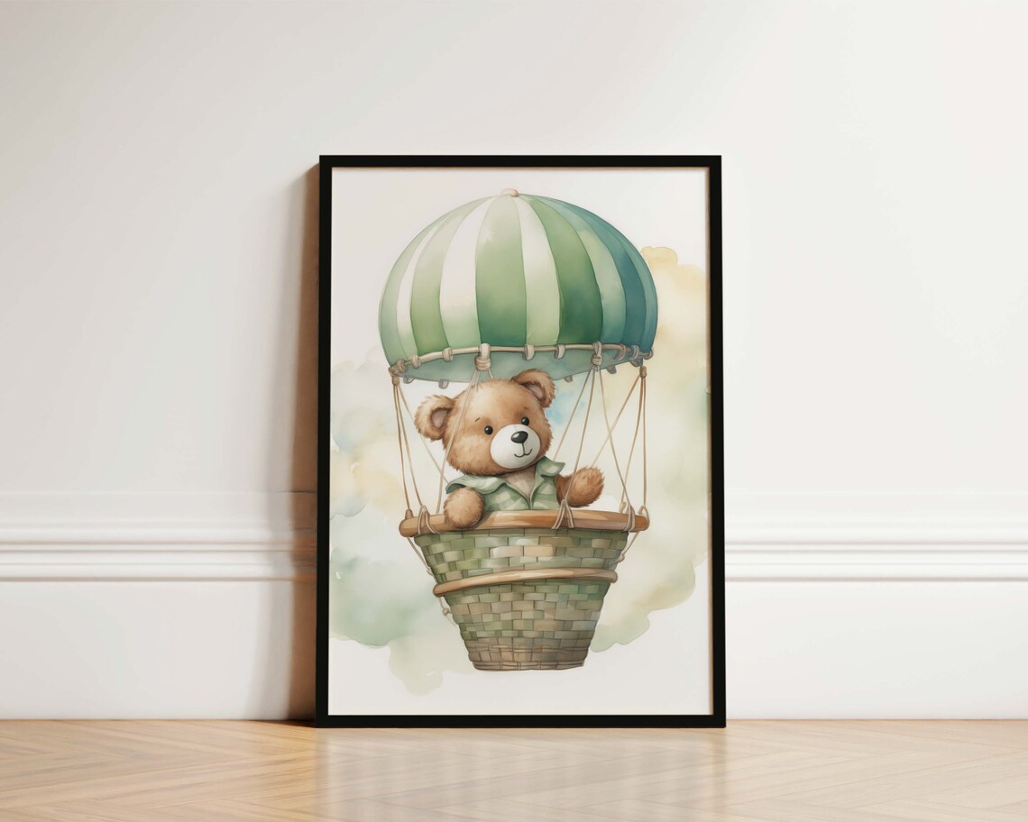 Teddy Bear Green Hot Air Balloon Watercolor Nursery Wall Art