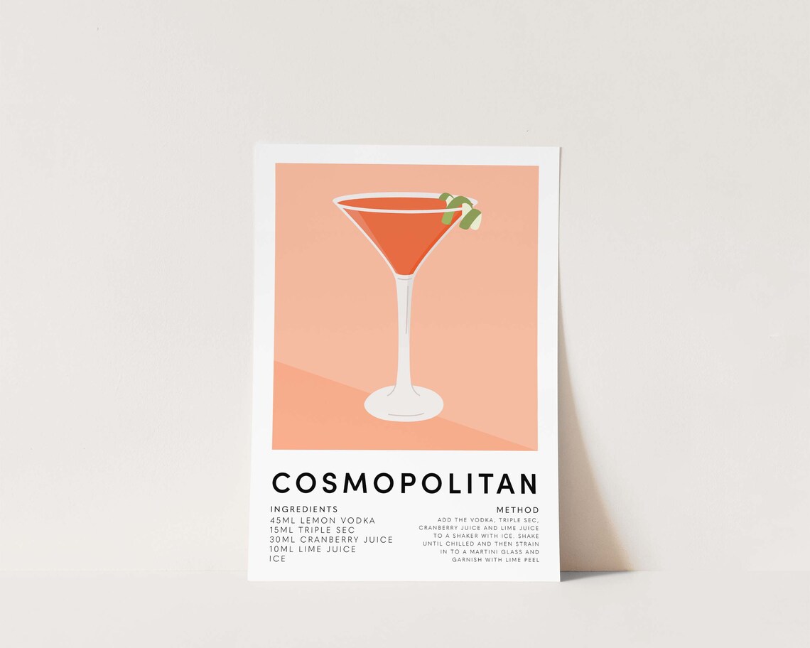 Cosmopolitan Cocktail Recipe Ingredients Method Kitchen Poster - Image 2