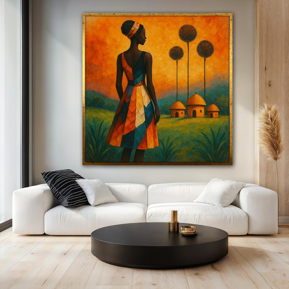African Woman, Colorful Village Sunset Art Print - Image 3