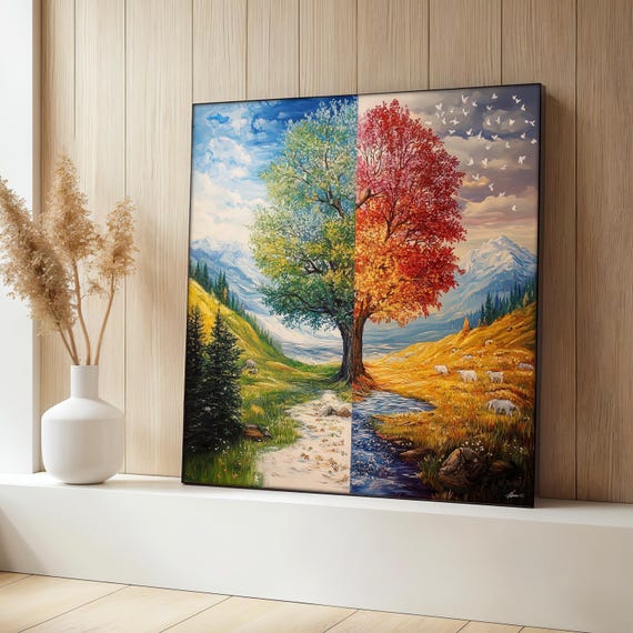Season Change Landscape Painting Mountain Tree Wall Art Nature Scenery Wall Decor Office Home Decor Colorful Seasonal Art Gift