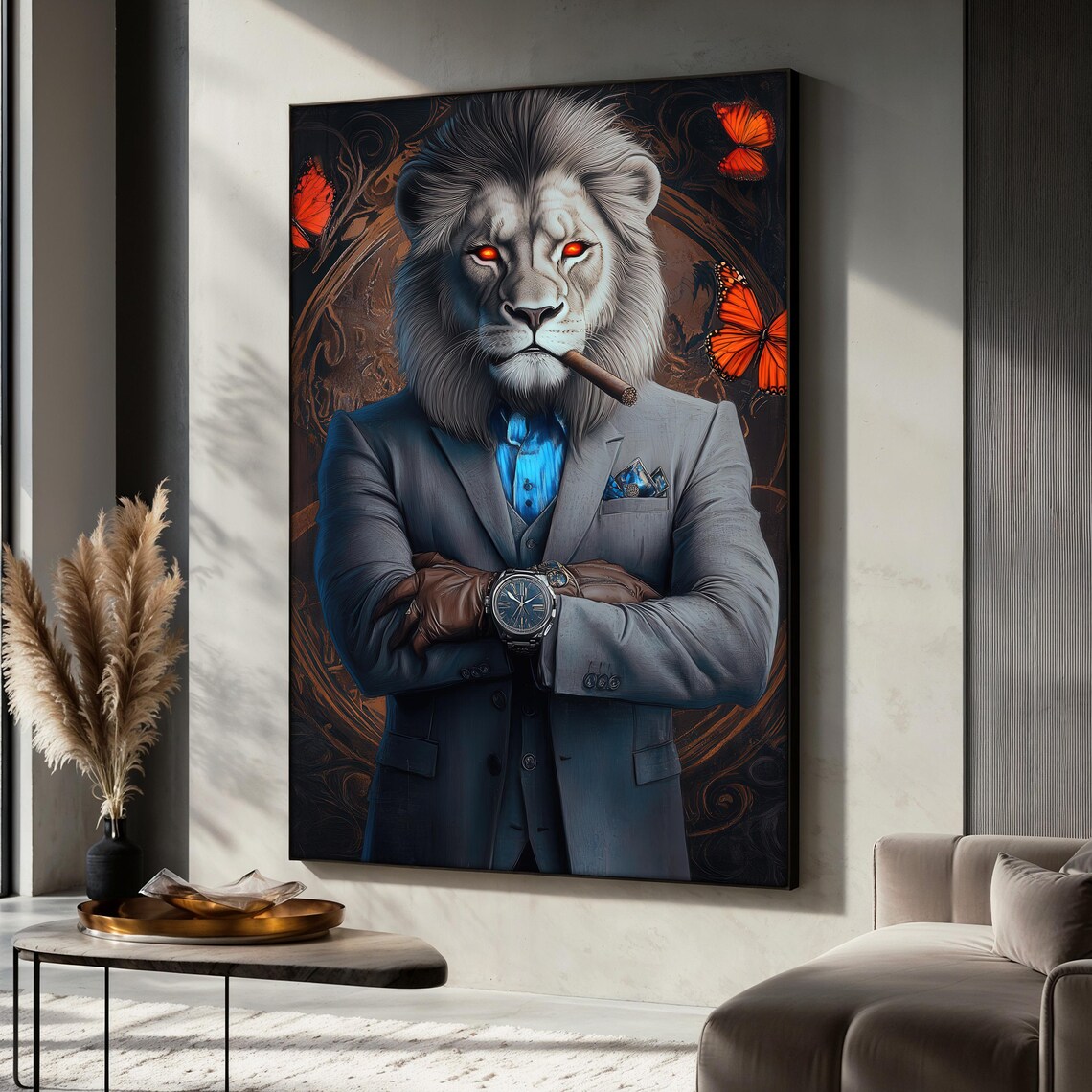 Lion In Suit Painting, Modern Animal Portrait