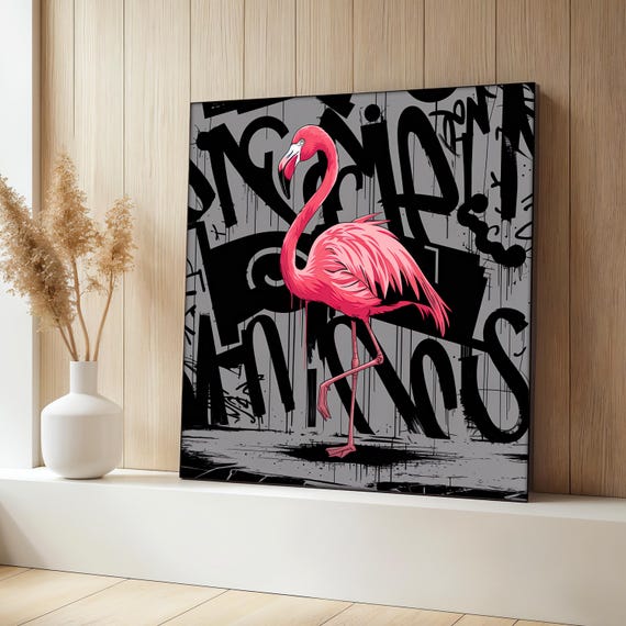 Graffiti Flamingo Painting Urban Bird Wall Art Pink Animal Street Decor Bold Flamingo Art Gift Modern Graffiti Artwork
