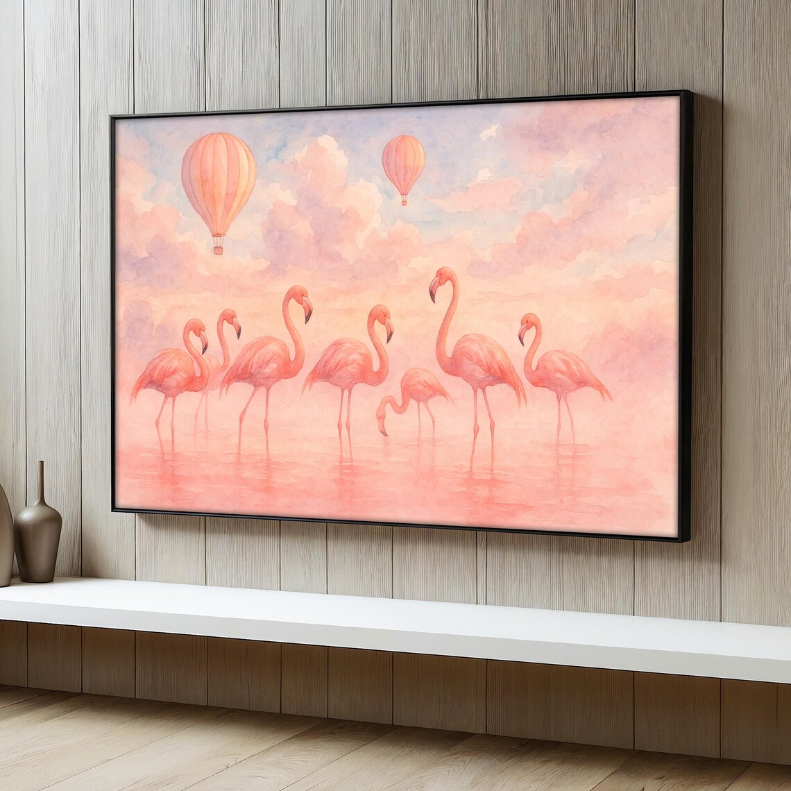 Pink Flamingo Painting With Hot Air Balloons