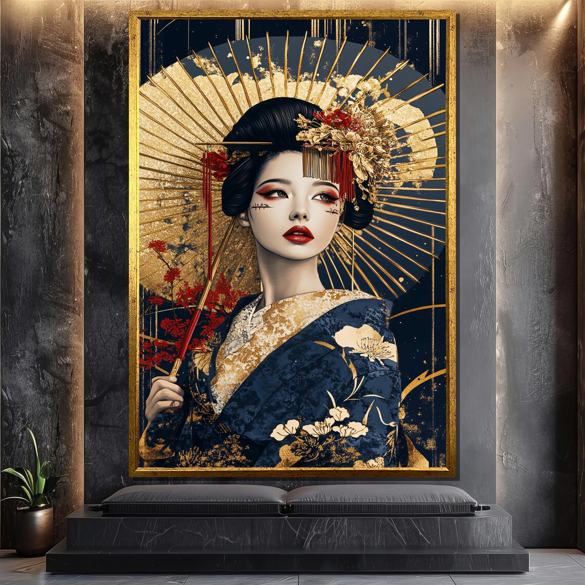Elegant Japanese Woman With Gold Umbrella, Portrait