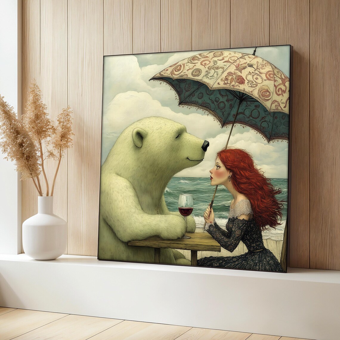 Funny Polar Bear Girl With Umbrella, Fantasy Beach Scene