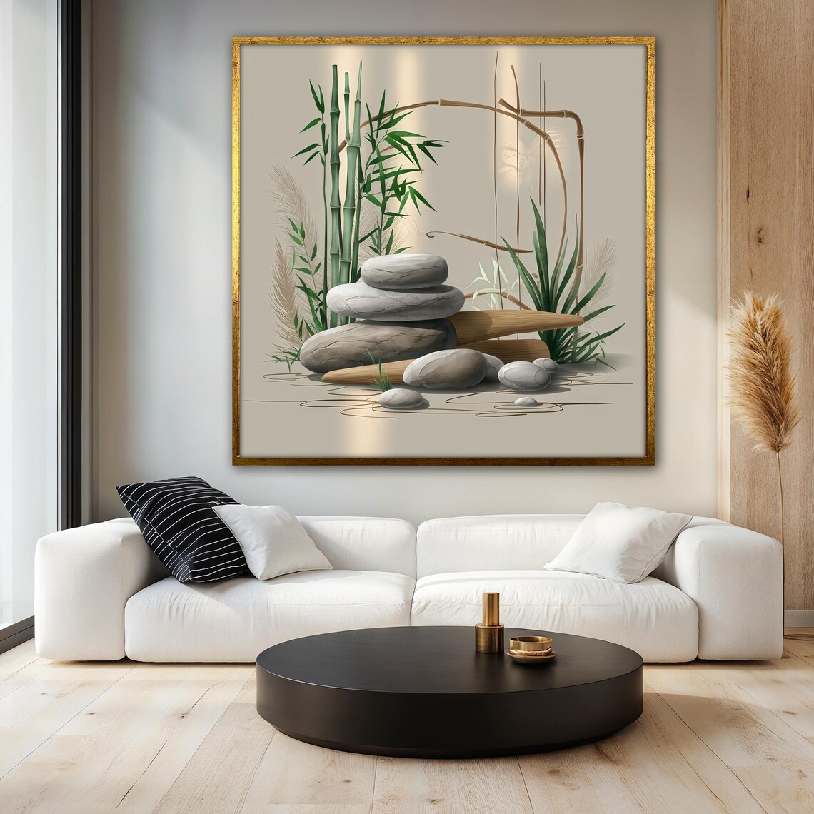 Zen Bamboo Painting, Japanese Minimalist Stone Artwork - Image 3