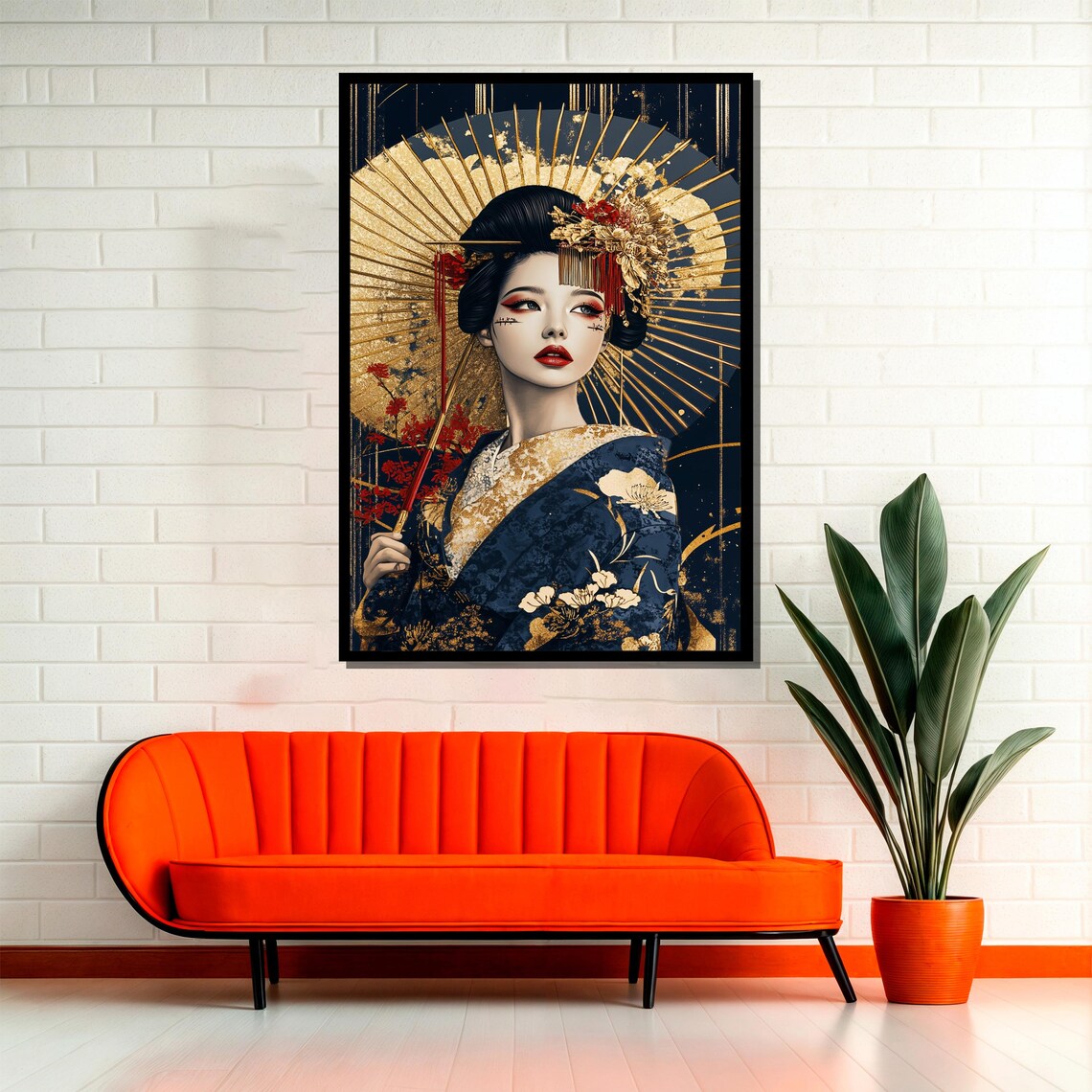 Elegant Japanese Woman With Gold Umbrella, Portrait - Image 2