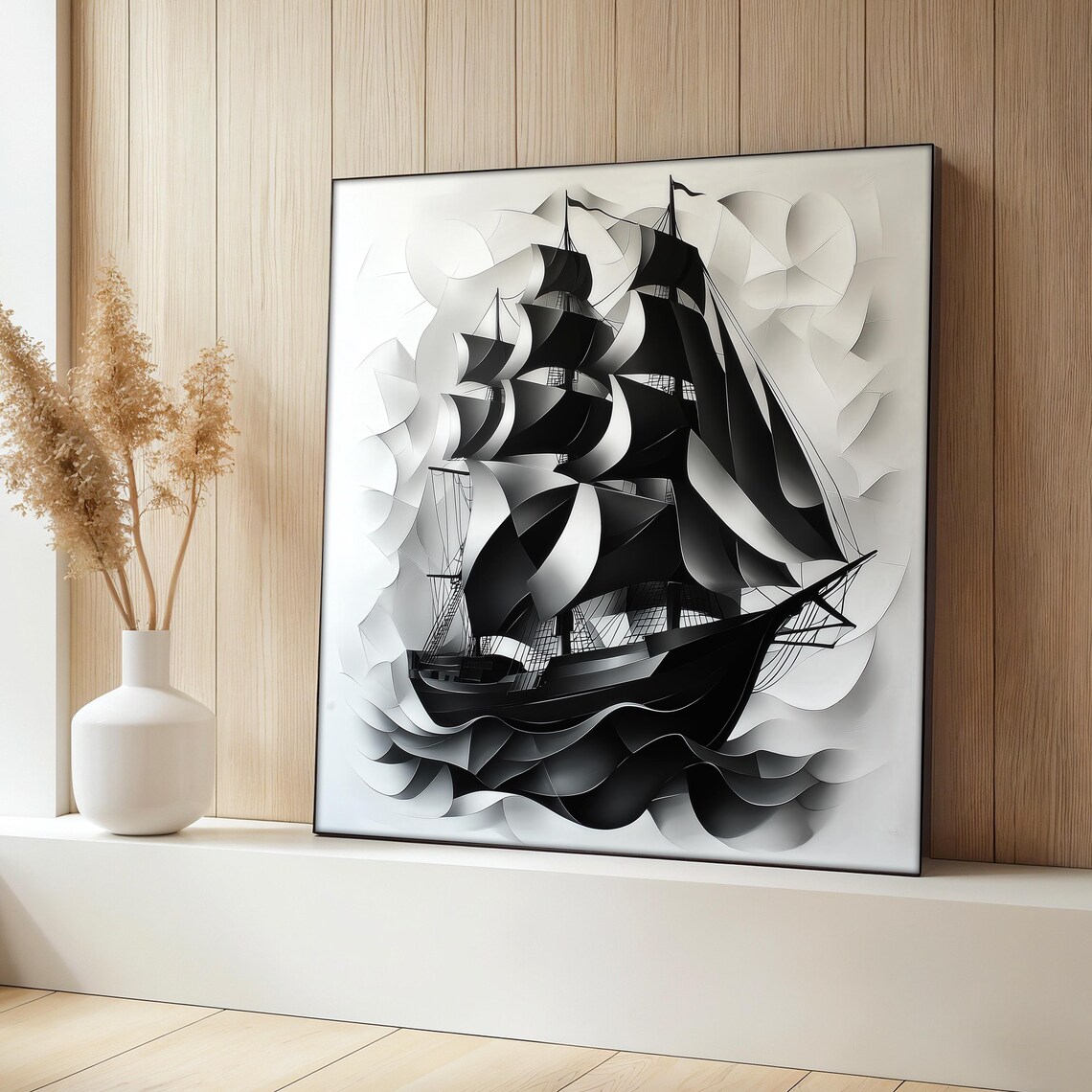 Black And White Ship Painting, Modern Nautical